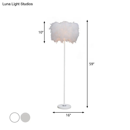 Minimalist White/Chrome Living Room Floor Lamp - Single-Bulb Standing Light With Feather Shade