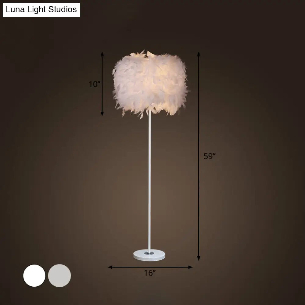 Minimalist White/Chrome Living Room Floor Lamp - Single-Bulb Standing Light With Feather Shade