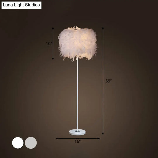 Minimalist White/Chrome Living Room Floor Lamp - Single-Bulb Standing Light With Feather Shade