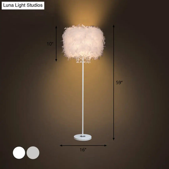 Minimalist White/Chrome Living Room Floor Lamp - Single-Bulb Standing Light With Feather Shade