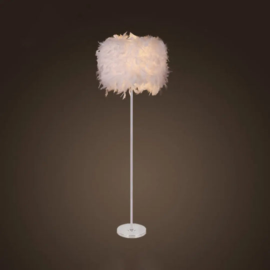 Minimalist White/Chrome Living Room Floor Lamp - Single-Bulb Standing Light With Feather Shade