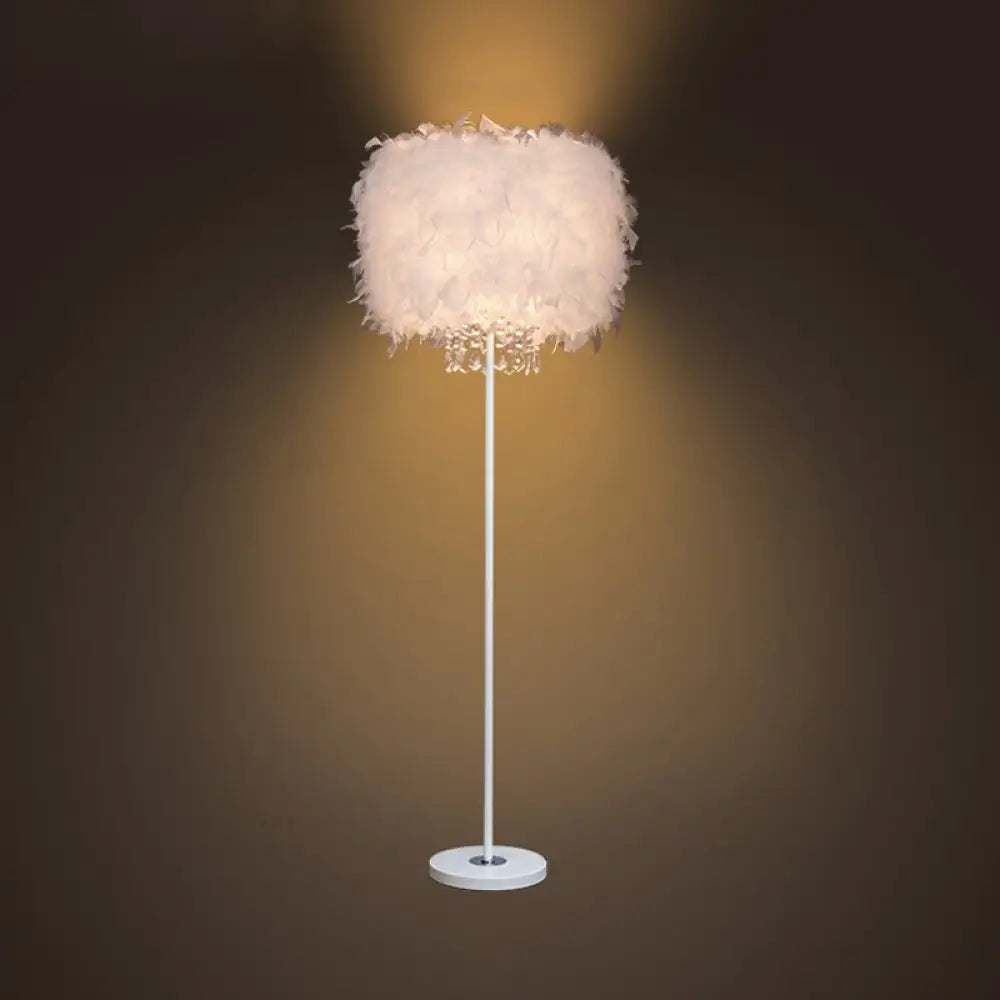 Minimalist White/Chrome Living Room Floor Lamp - Single-Bulb Standing Light With Feather Shade White