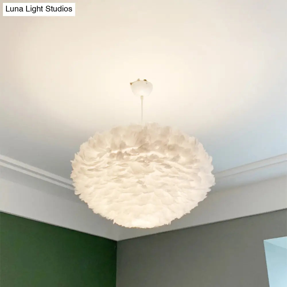 Minimalist White Dome Pendant Ceiling Light With Feather Accent For Girls Bedroom