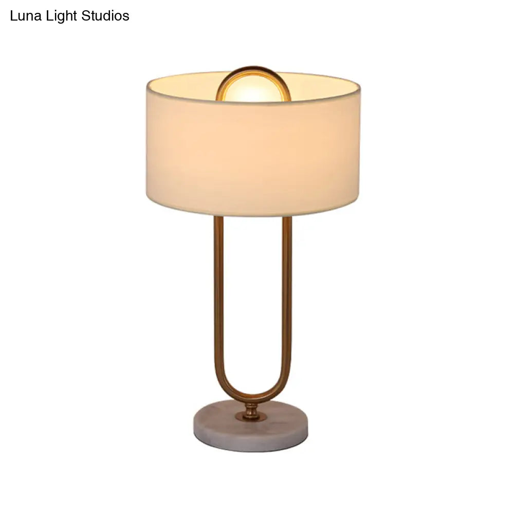 Minimalist White Drum Night Table Lamp With Brass Oval Stand - 1 Bulb Fabric Nightstand Light