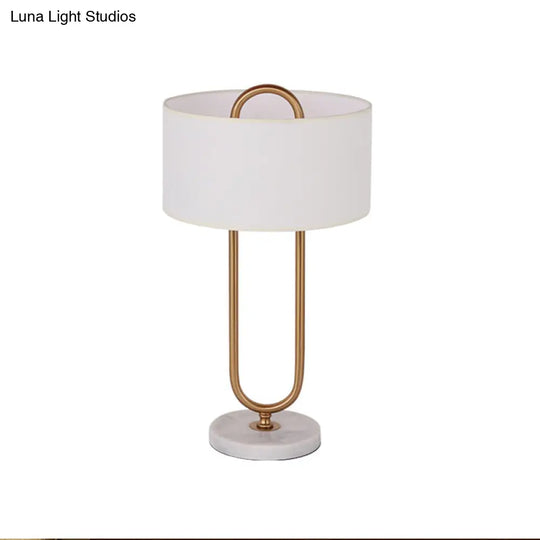 Minimalist White Drum Night Table Lamp With Brass Oval Stand - 1 Bulb Fabric Nightstand Light