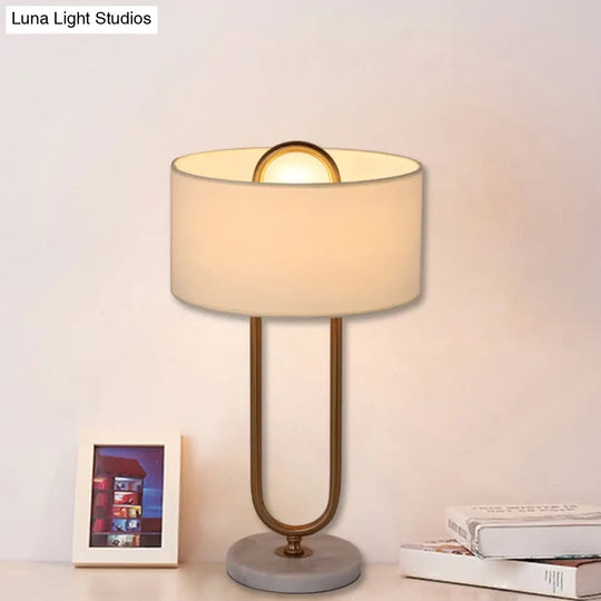 Minimalist White Drum Night Table Lamp With Brass Oval Stand - 1 Bulb Fabric Nightstand Light