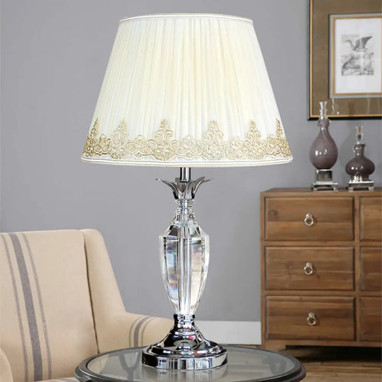 Minimalist White Empire Shade Table Lamp With K9 Crystal 1-Bulb Night Lighting For Living Room