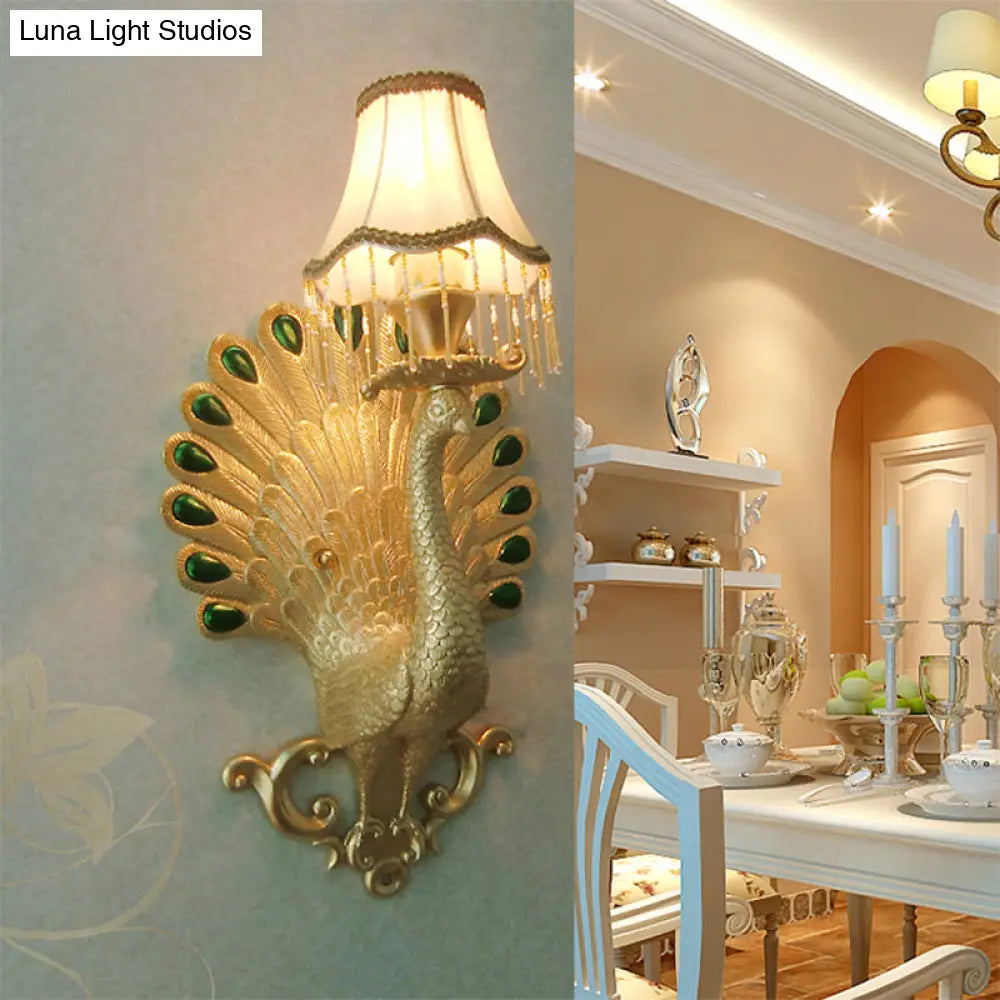 Minimalist White Fabric Wall Sconce With Gold Peacock Decoration - Elegant Living Room Lamp