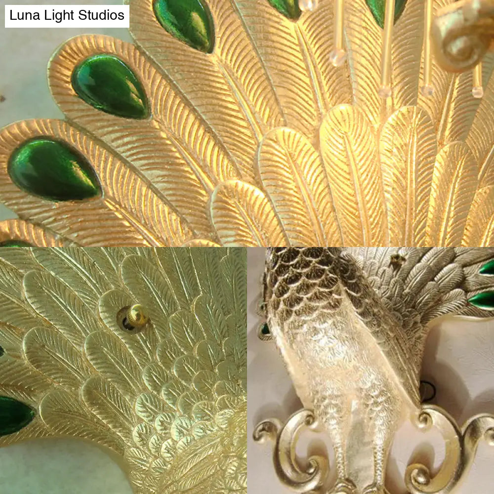 Minimalist White Fabric Wall Sconce With Gold Peacock Decoration - Elegant Living Room Lamp