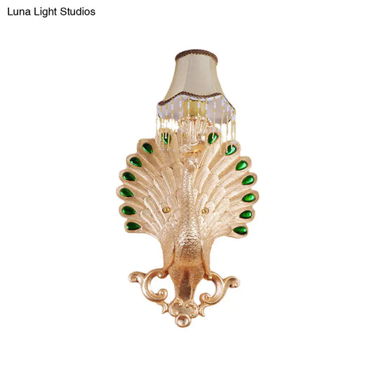 Minimalist White Fabric Wall Sconce With Gold Peacock Decoration - Elegant Living Room Lamp