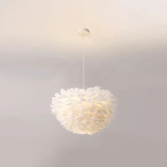 Minimalist White Feather Chandelier Pendant Light For Girls’ Bedroom / 23.5’ Globe