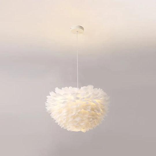 Minimalist White Feather Chandelier Pendant Light For Girls’ Bedroom / 27.5’ Globe