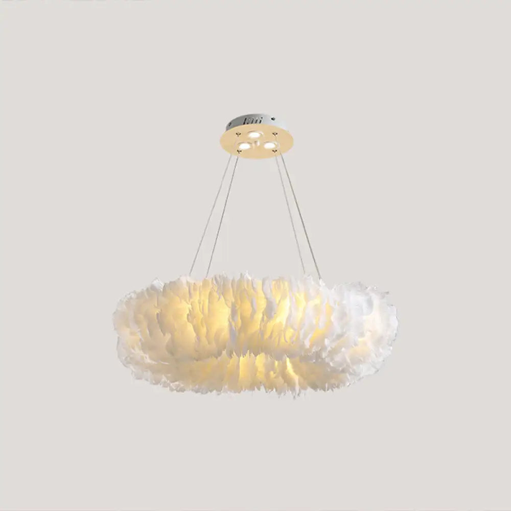 Minimalist White Feather Loop Pendant Chandelier - Elegant Doughnut Lamp / 23.5 With Spot Light