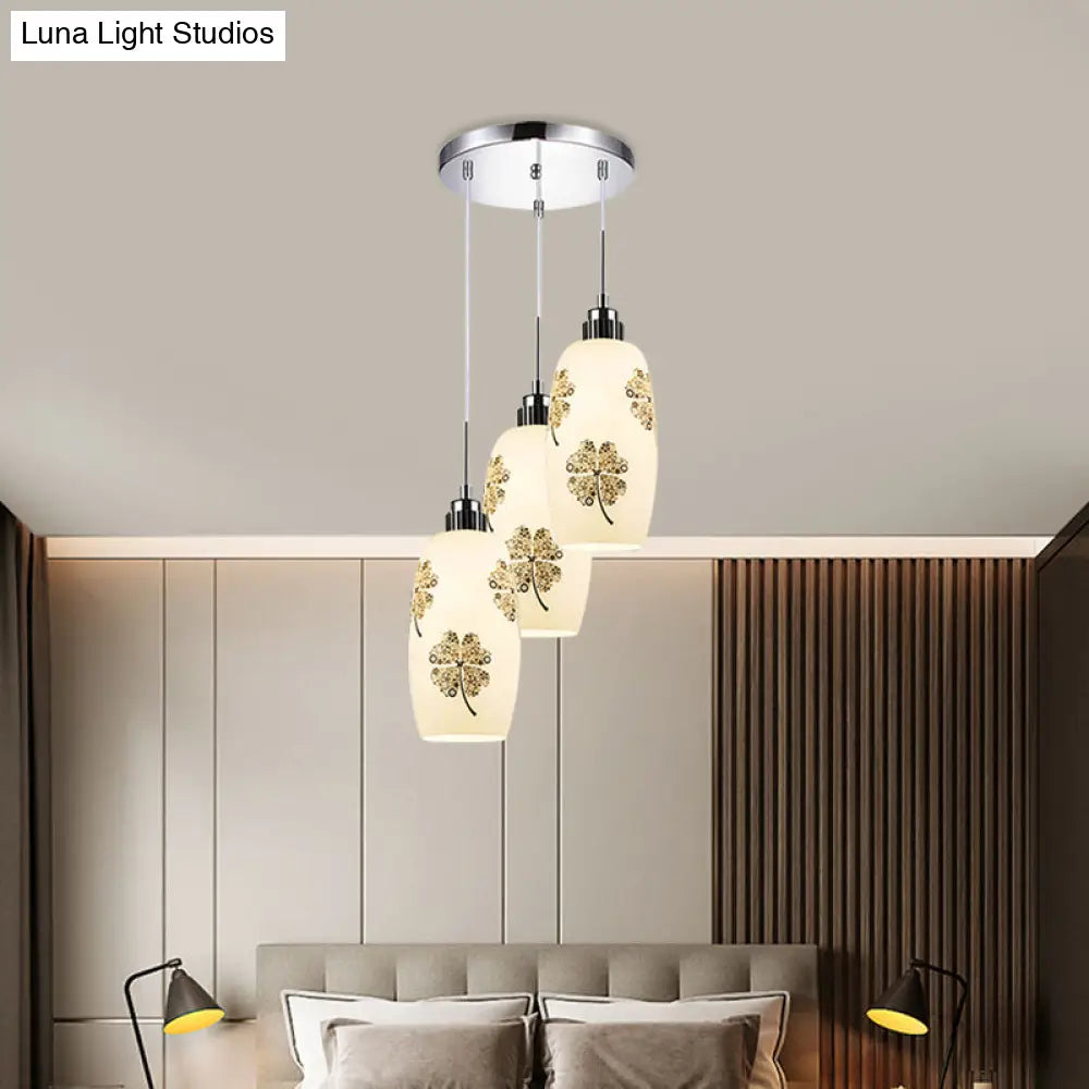 Minimalist White Frosted Glass Bottle Pendant Ceiling Lamp - 3 Lights Clover Pattern Ideal For