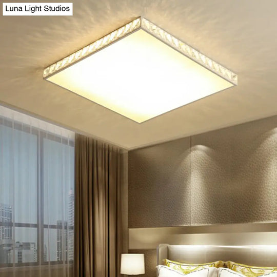 Minimalist White Geometric Flush Ceiling Light With Crystal Edge - Acrylic Led Mount Lamp / Square