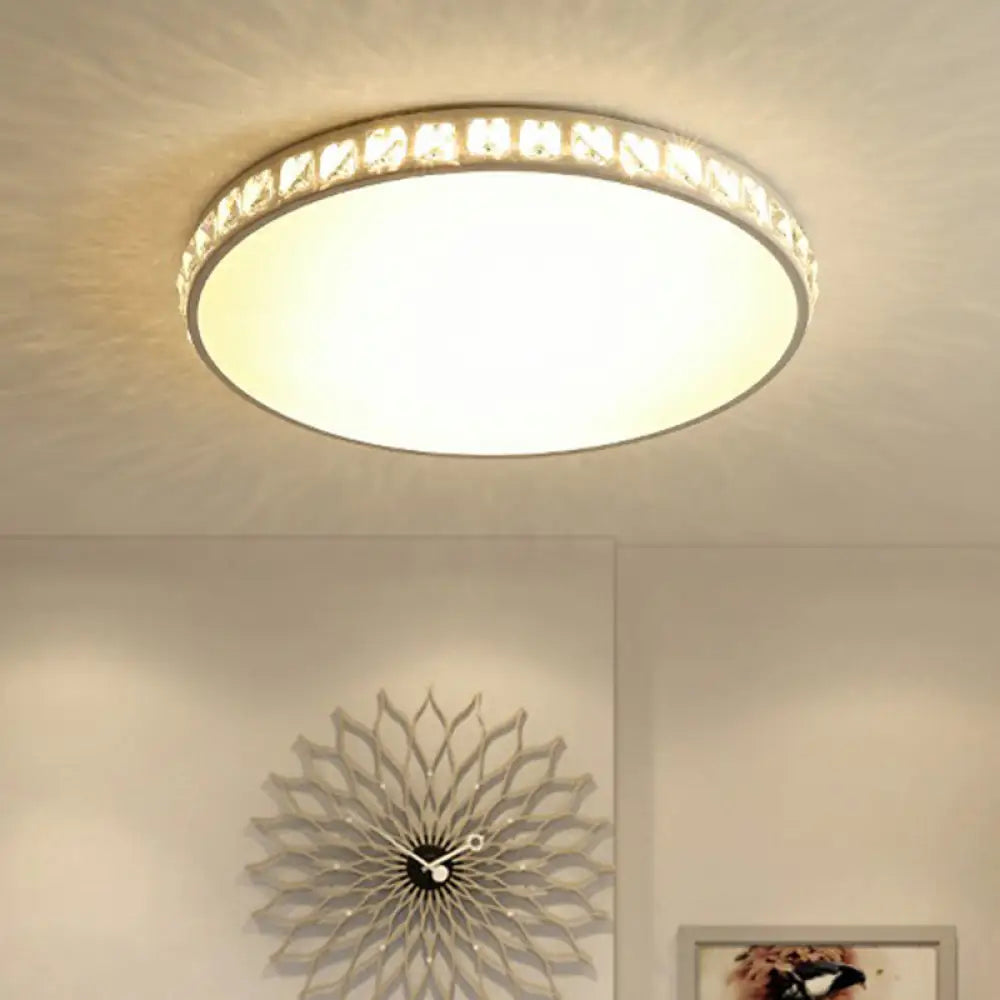 Minimalist White Geometric Flush Ceiling Light With Crystal Edge - Acrylic Led Mount Lamp / Round