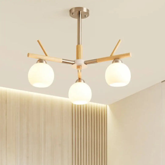 Minimalist White Glass Dome Ceiling Chandelier With Wood Twig Décor - Living Room Hanging Light 3 /