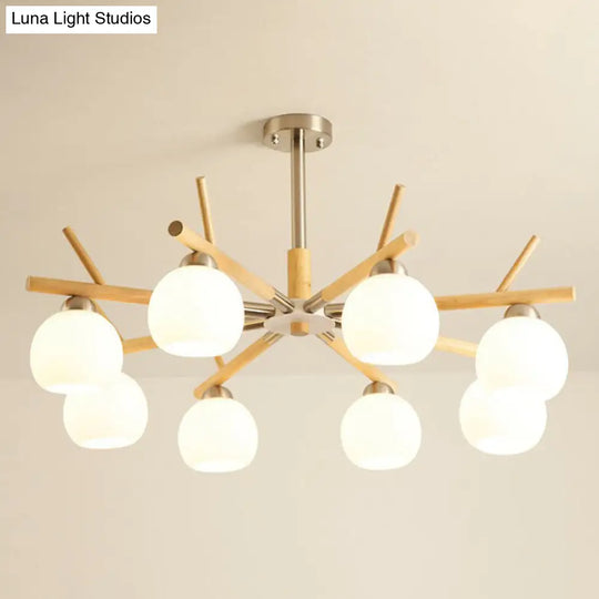 Dome Chandelier: Minimalist White Glass Hanging Light For Living Room With Rustic Wood Twig Deco 8 /