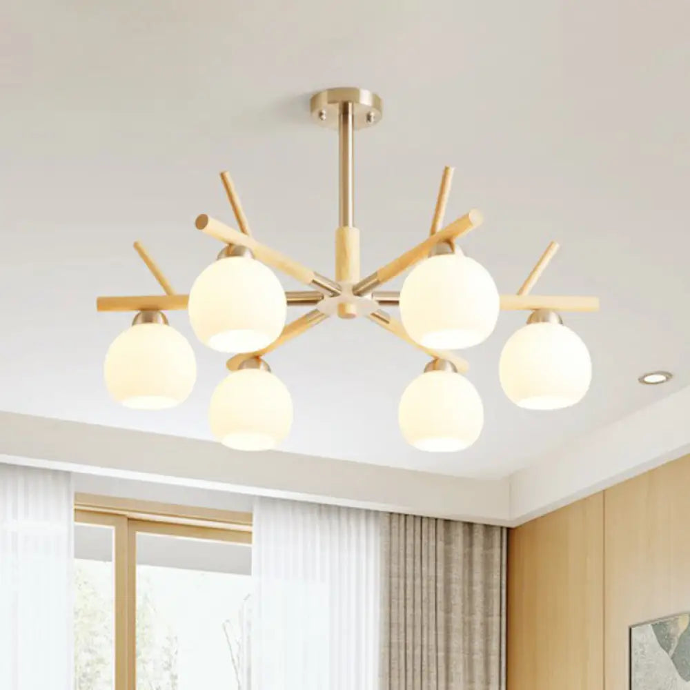 Minimalist White Glass Dome Ceiling Chandelier With Wood Twig Décor - Living Room Hanging Light 6 /