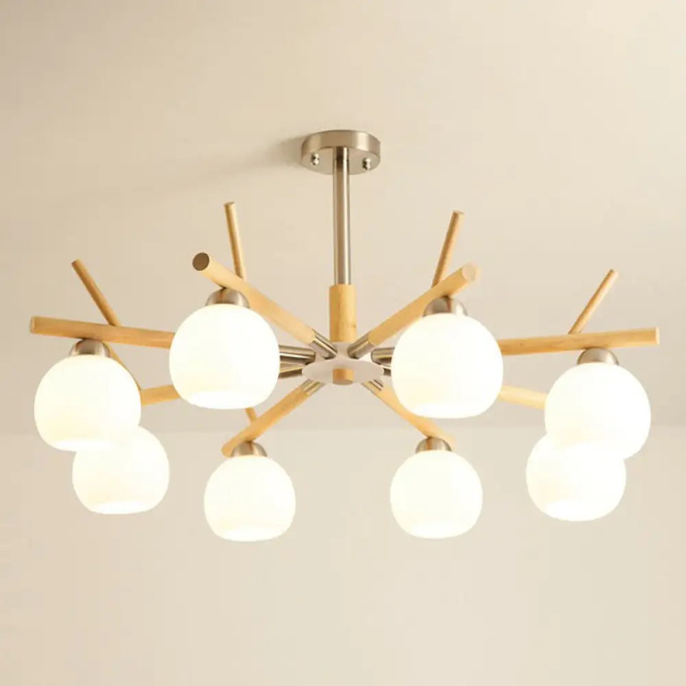 Minimalist White Glass Dome Ceiling Chandelier With Wood Twig Décor - Living Room Hanging Light 8 /