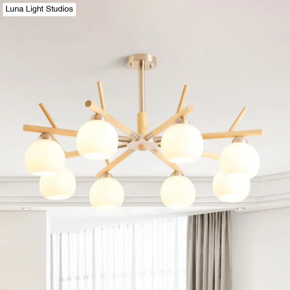 Minimalist White Glass Dome Ceiling Chandelier With Wood Twig Décor - Living Room Hanging Light