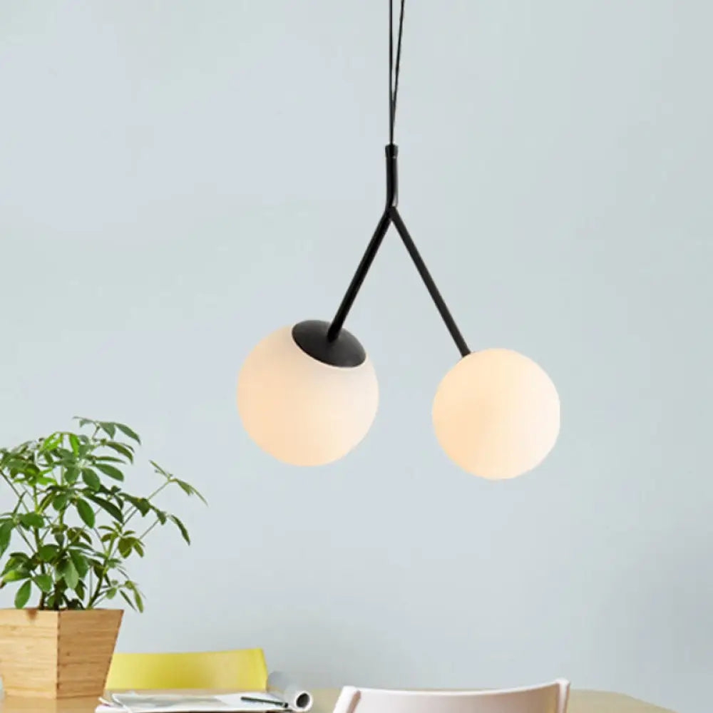 Minimalist White Glass Droplet Chandelier Pendant Light With Black Furcated Detail - 2 Lights