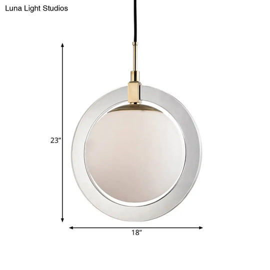 Minimalist White Glass Globe Pendant Light - Single Bedside Lighting Fixture With Ring Arm