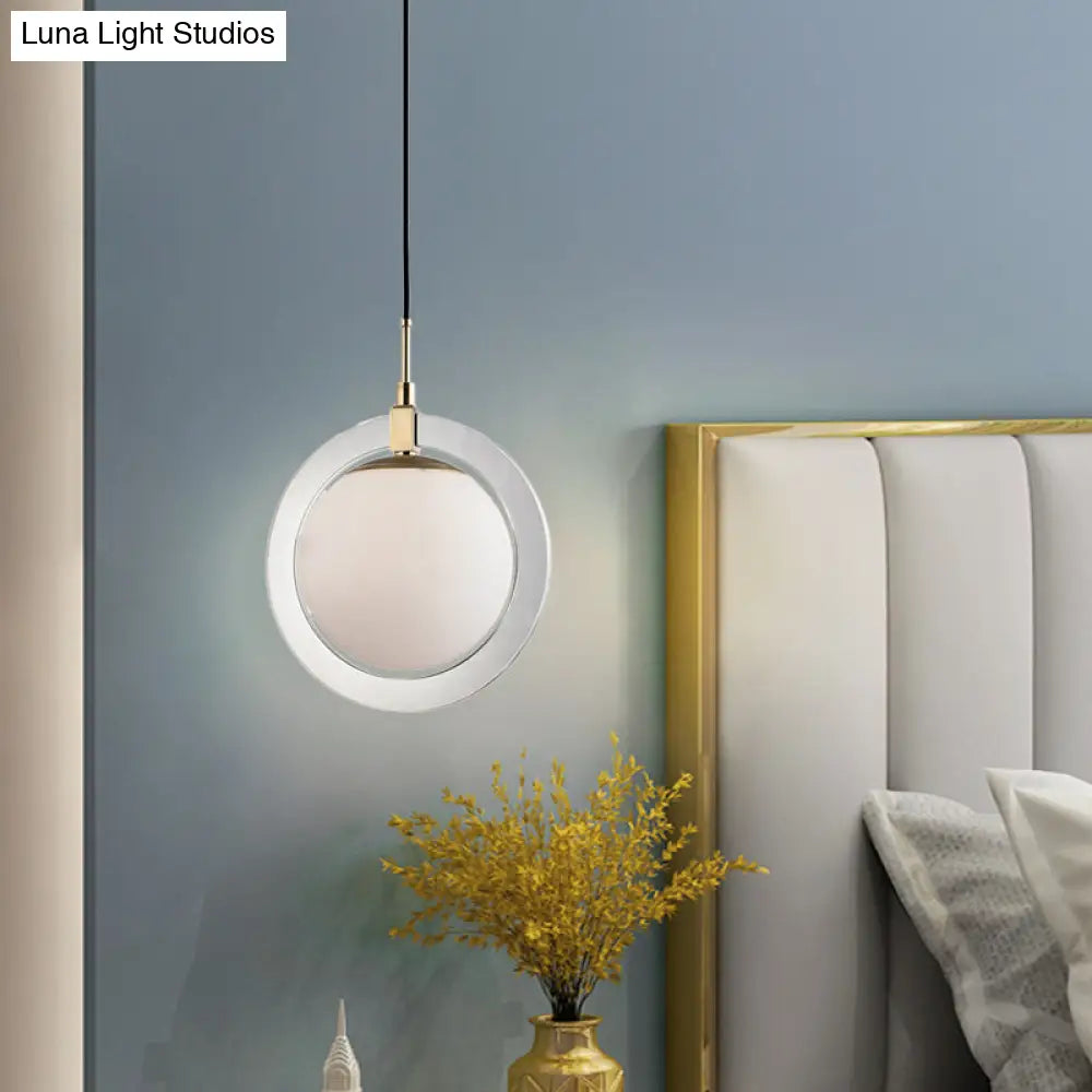 Minimalist White Glass Globe Pendant Light - Single Bedside Lighting Fixture With Ring Arm