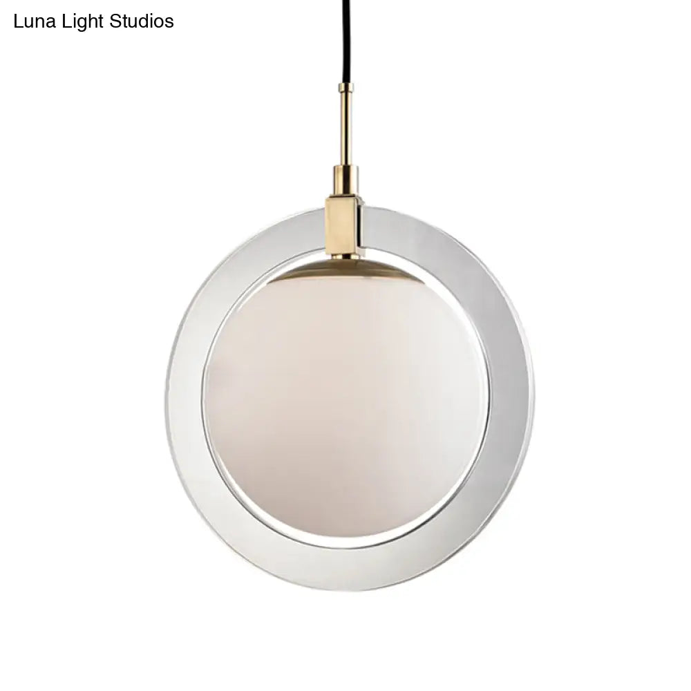 Minimalist White Glass Globe Pendant Light - Single Bedside Lighting Fixture With Ring Arm