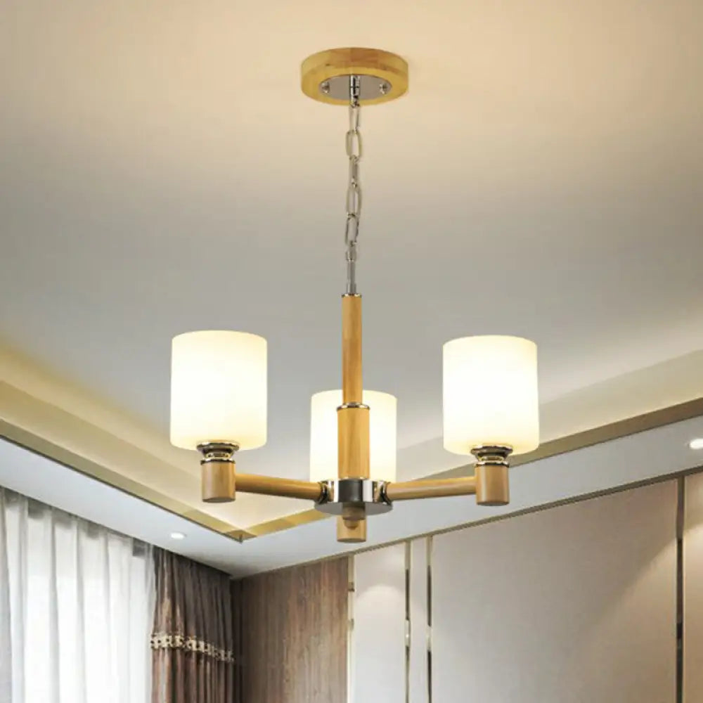 Minimalist White Glass Pendant Light For Bedroom With Wood Cylinder Ceiling Chandelier 3 /