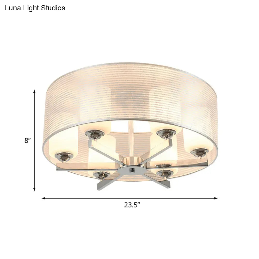 Minimalist White Glass Semi Flush Mount Drum Lighting With Chrome Finish - 6 Lights Tube Shade