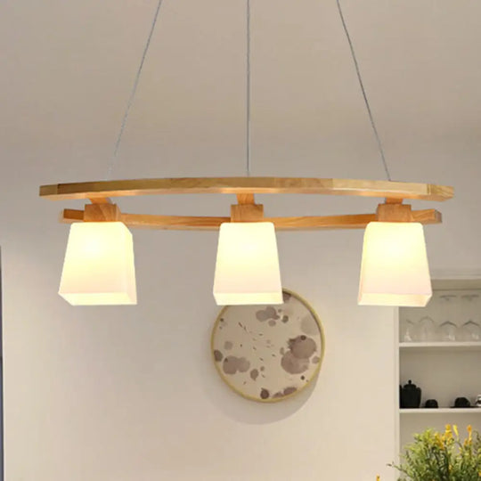 Minimalist White Glass Trapezoid Cluster Pendant With 3 Bulbs - Wood Suspension Lighting For Kitchen