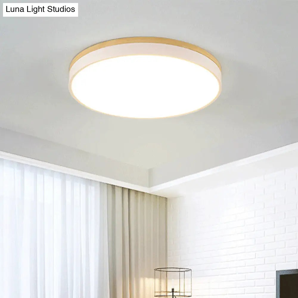 Minimalist White Led Acrylic Flushmount Ceiling Light With Wood Canopy - 12’/16’/19.5’ Diameter