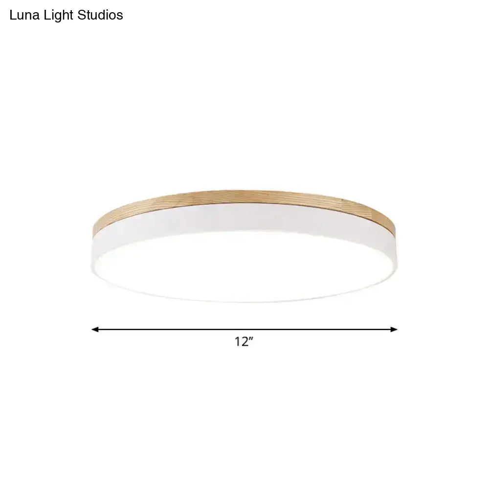 Minimalist White Led Acrylic Flushmount Ceiling Light With Wood Canopy - 12’/16’/19.5’ Diameter