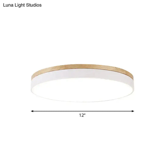 Minimalist White Led Acrylic Flushmount Ceiling Light With Wood Canopy - 12’/16’/19.5’ Diameter