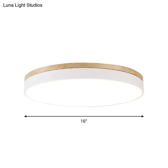 Minimalist White Led Acrylic Flushmount Ceiling Light With Wood Canopy - 12’/16’/19.5’ Diameter