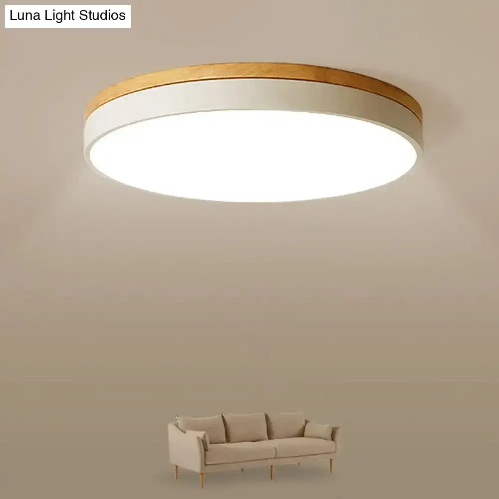 Minimalist White Led Acrylic Flushmount Ceiling Light With Wood Canopy - 12’/16’/19.5’ Diameter