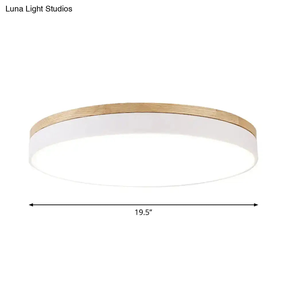 Minimalist White Led Acrylic Flushmount Ceiling Light With Wood Canopy - 12’/16’/19.5’ Diameter