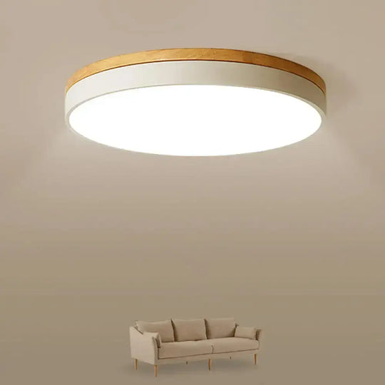 Minimalist White Led Acrylic Flushmount Ceiling Light With Wood Canopy - 12’/16’/19.5’