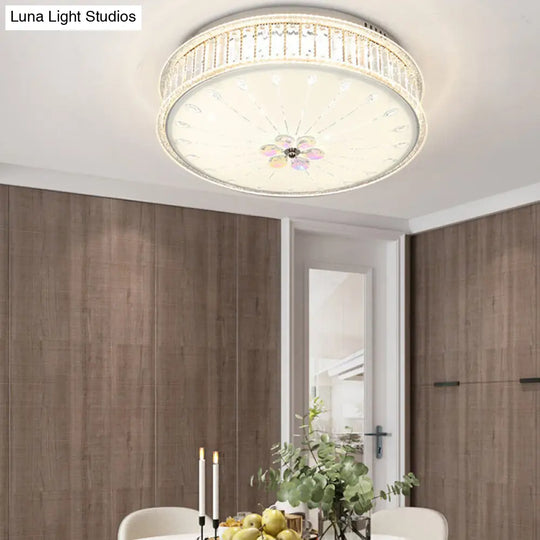 Minimalist White Led Ceiling Light Fixture With Drum Clear Faceted Crystal Flush Lamp