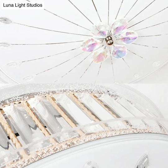 Minimalist White Led Ceiling Light Fixture With Drum Clear Faceted Crystal Flush Lamp