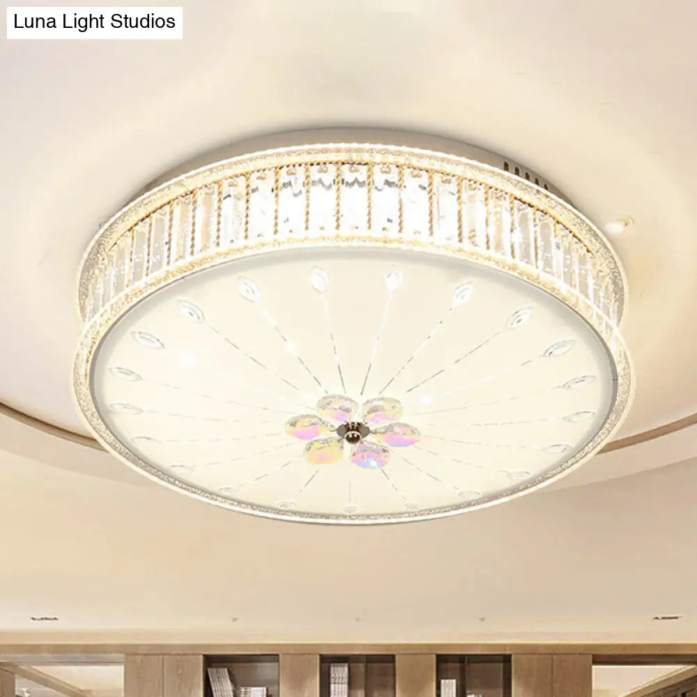 Minimalist White Led Ceiling Light Fixture With Drum Clear Faceted Crystal Flush Lamp / Warm