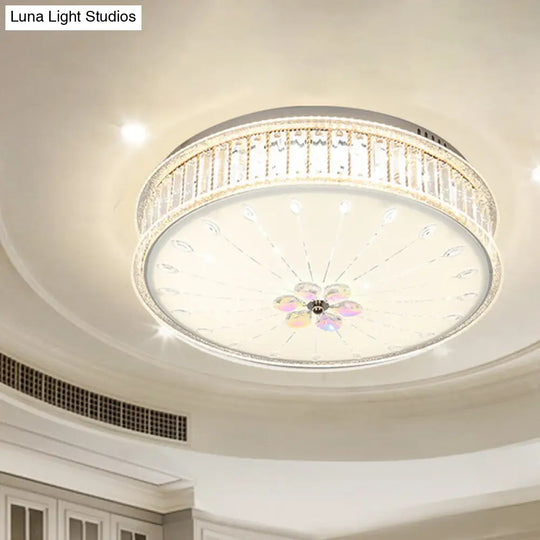 Minimalist White Led Ceiling Light Fixture With Drum Clear Faceted Crystal Flush Lamp