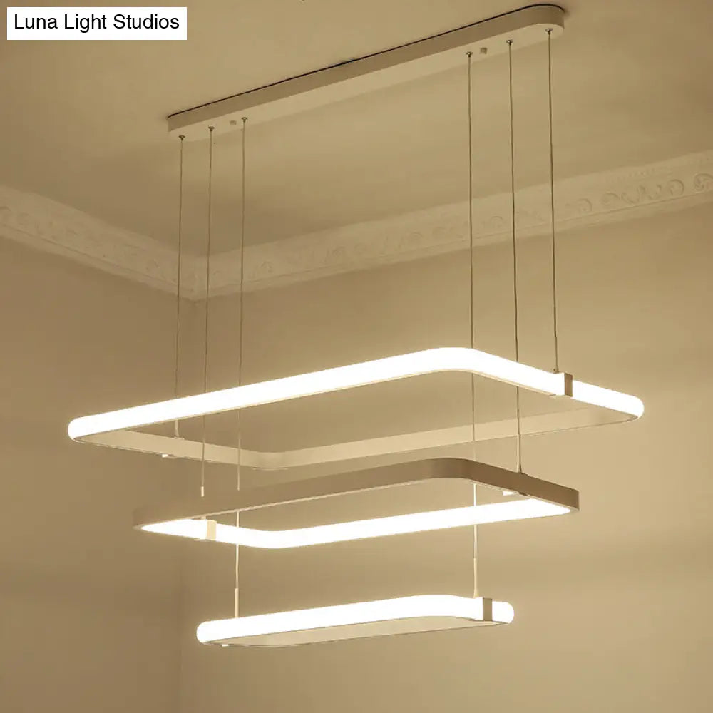 Minimalist White Led Pendant Light Kit - Rectangle Metal Hanging Chandelier With Warm/White