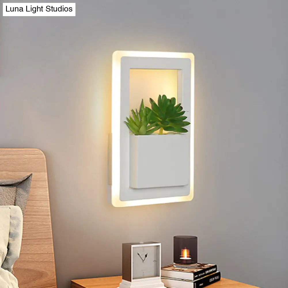 Minimalist White Led Wall Sconce With Acrylic Rectangle Design And Plant Decoration For Bedroom -