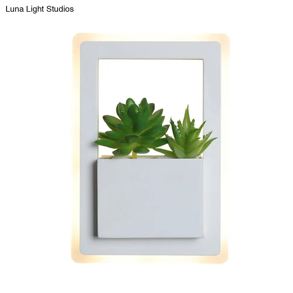 Minimalist White Led Wall Sconce With Acrylic Rectangle Design And Plant Decoration For Bedroom -