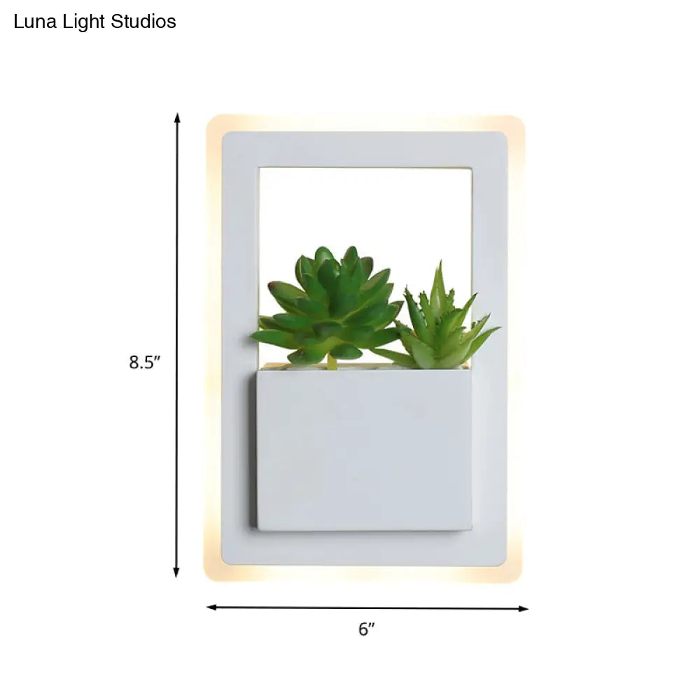 Minimalist White Led Wall Sconce With Acrylic Rectangle Design And Plant Decoration For Bedroom -