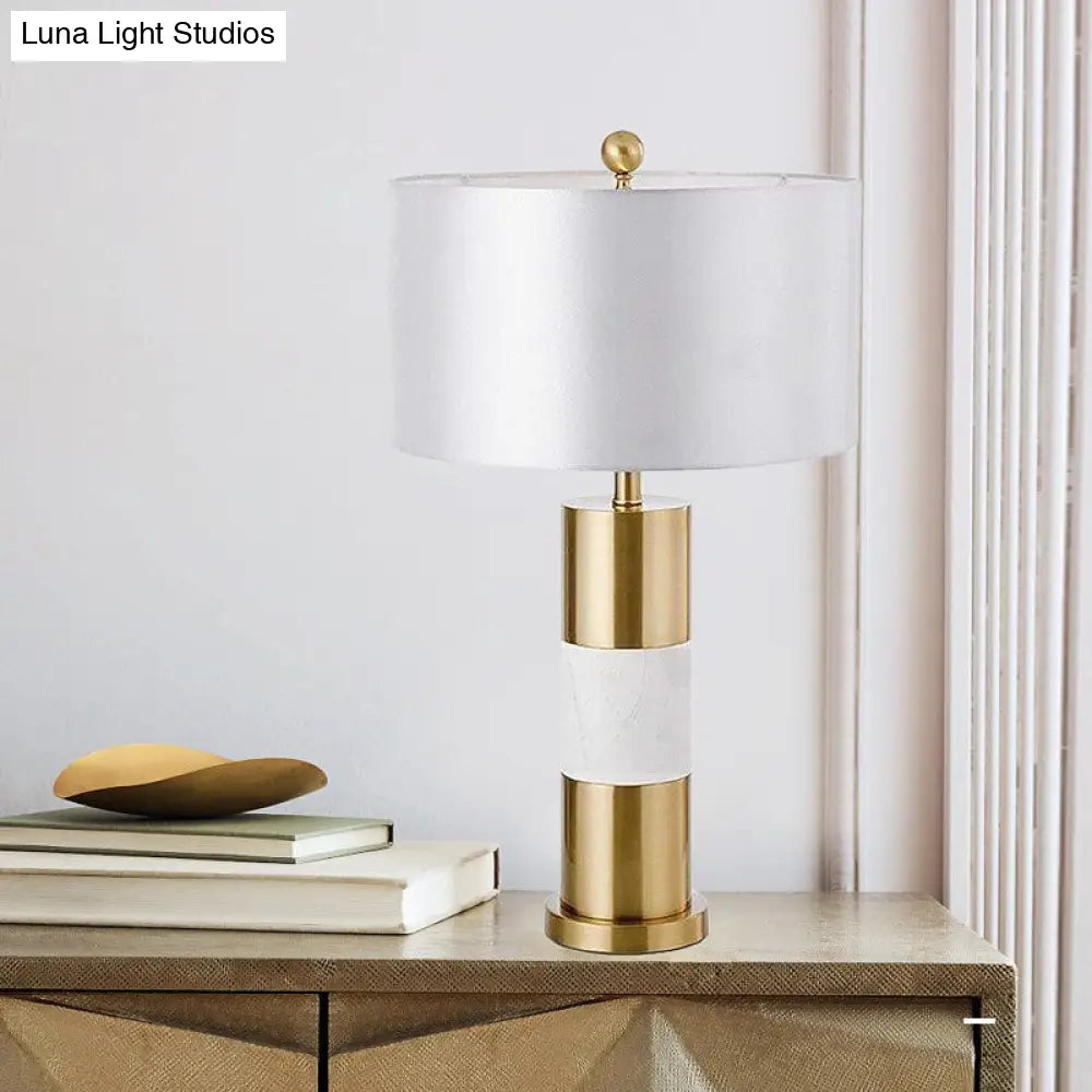 Minimalist White Metal Table Lamp With Fabric Shade - Bedroom Nightstand Lighting