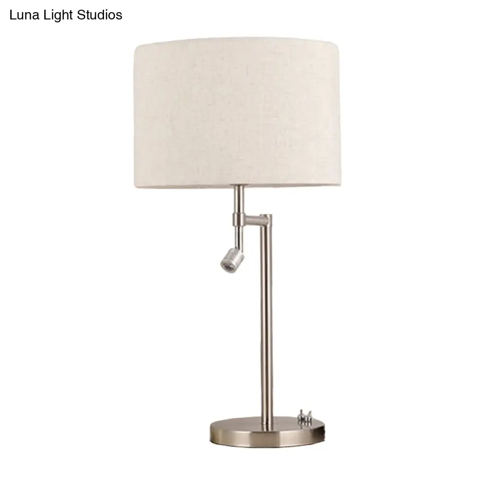 Minimalist White Nightstand Light With Swivelable Spotlight - Fabric Drum Shaped Table Lighting