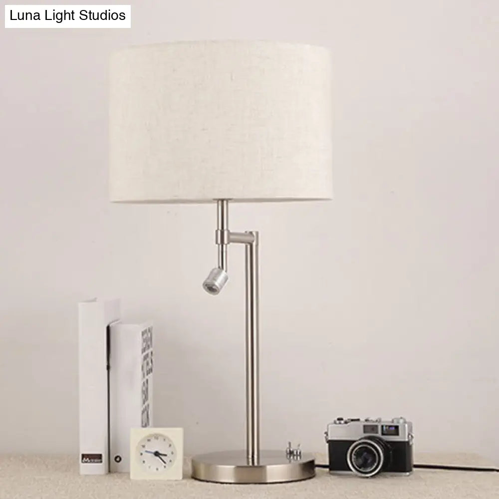 Minimalist White Nightstand Light With Swivelable Spotlight - Fabric Drum Shaped Table Lighting